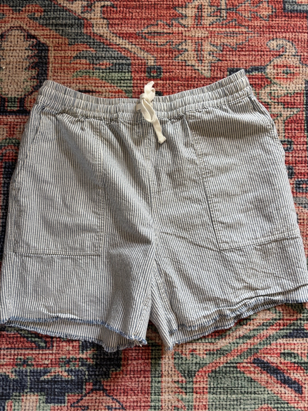 Roots Drawstring Blue and White Striped Frayed Edge Shorts, M